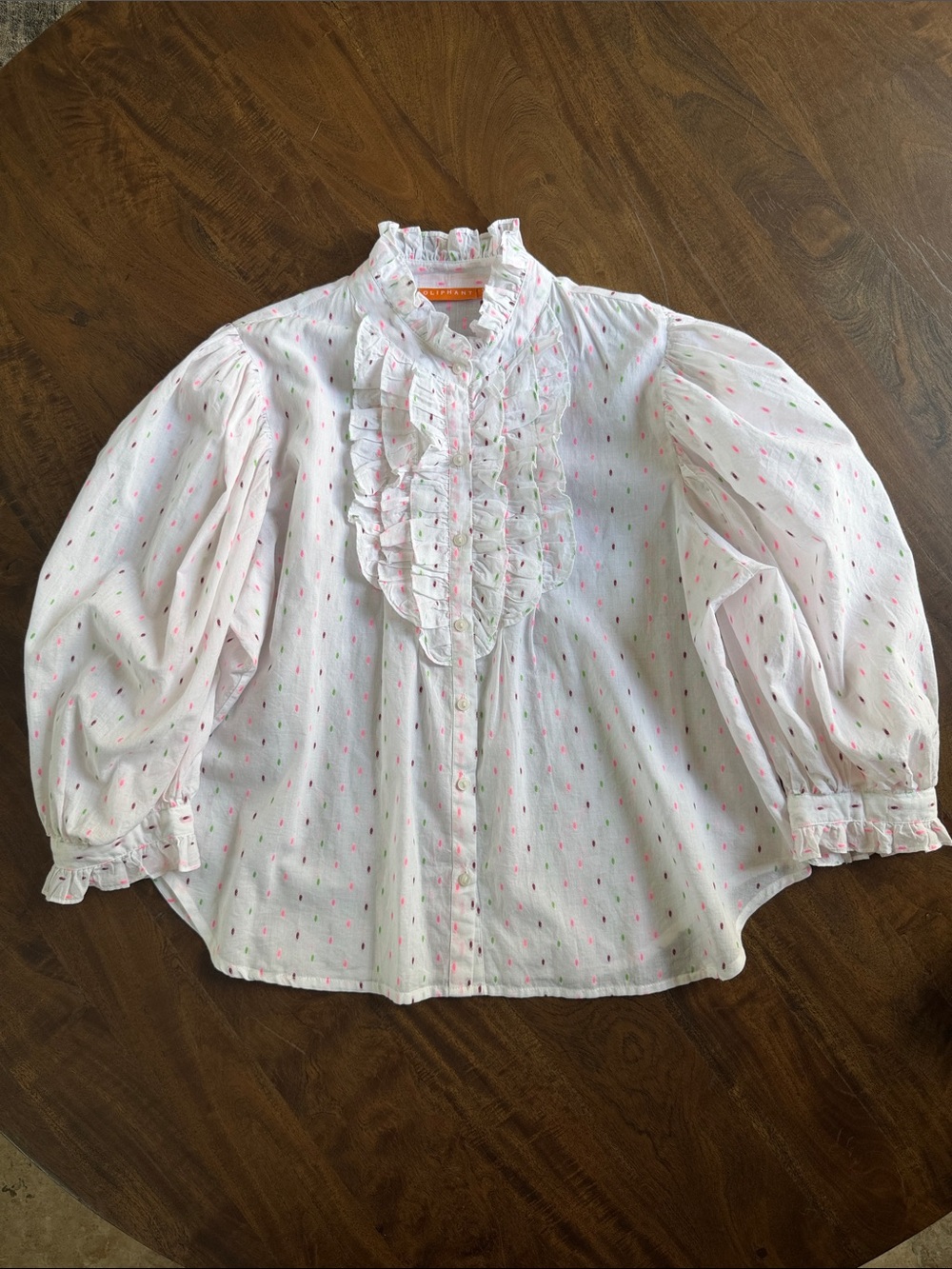 Oliphant White Ruffled Puff Sleeved Cotton Blouse Pink Green Dot Print Size S